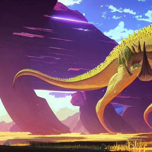 Image similar to concept art painting of an alien world full of alien dinosaurs, detailed, cel shaded, in the style of makoto shinkai and moebius and james gurney