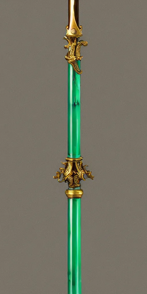 Image similar to photograph of a wide green and teal crystal sword with a big gold sword hilt