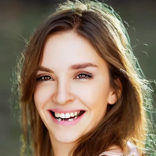 Image similar to hyper realistic picture of an austrian beautiful woman with green eyes smiling at the camera, highly detailed, natural sunlight, few backlighting