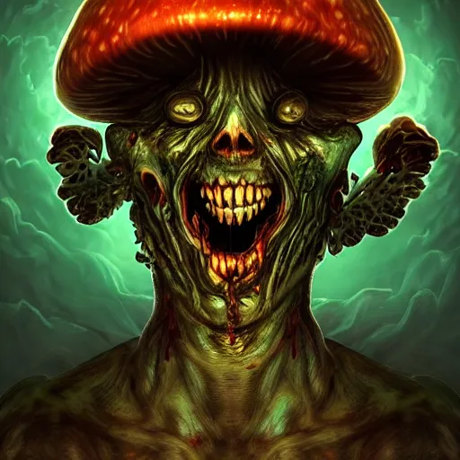 Image similar to Infected mushroom, zombified mushroom with facial features, style of Infected mushroom cover art, monstrocity big mushroom pose, micro lens, infection, epic psycho, pose, enlightment, illumination, epic digital art, HD Quality, Artstation, UHD 4K image