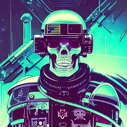 Prompt: close up portrait of a 28rd century Space Pirate by James Jean Dan Mumford Strongstufftom, most wanted warhammer 40k pirate, space skull helmet, dark thief data traveler, Ghost in the shell, Akira, anime cyberpunk, Blade Runner