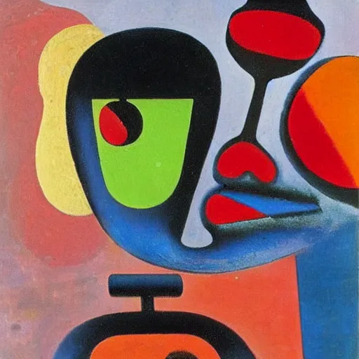 Prompt: Oil painting by Rufino Tamayo. Mechanical gods with bird faces kissing. Oil painting by Joan Miro.