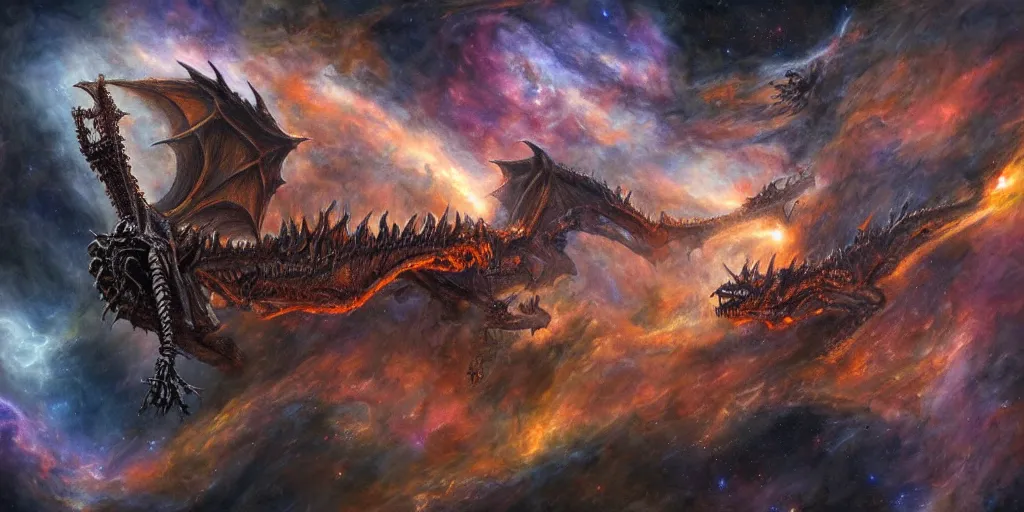 Prompt: a cinematic shot of a dragon skeleton in outer space, epic nebula, Dan Seagrave art