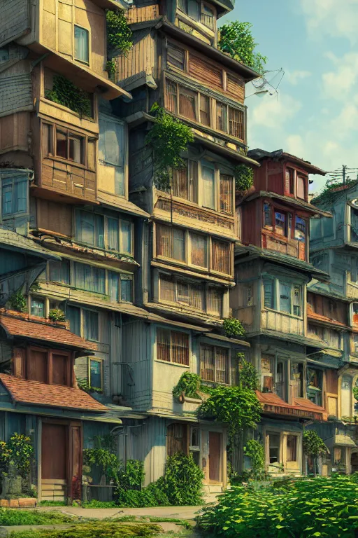 Image similar to stacked houses, solarpunk, studio ghibli, jean - baptiste monge, octane render, 4 k