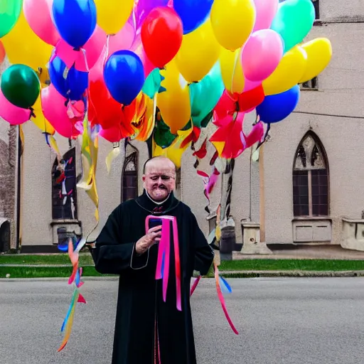 Prompt: a priest holding dozens of colorful balloons