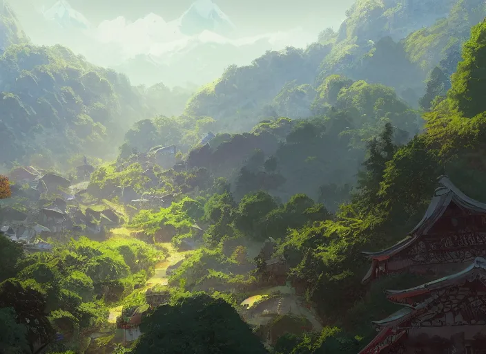 Image similar to concept art painting of a distant small woodland village by a river in a mountain valley seen from above, early morning, european japanese buildings, cel shaded, realistic, by makoto shinkai and moebius and anton fadeev and greg rutkowski and james gurney