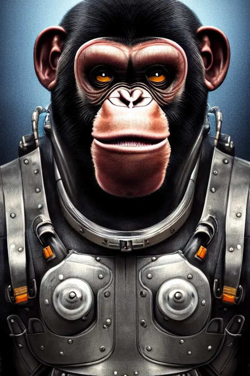 Image similar to a portrait of a muscular anthropomorphic cyberpunk chimp in spacesuit armor with ensignia on chest plate by sandra chevrier, by jon foster, detailed render, post - processing, extremely hyperdetailed, intricate, epic composition, cybernetics, 4 k realistic, cryengine, realistic shaded lighting, sharp focus, masterpiece, by enki bilal