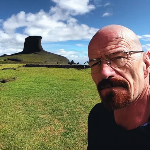 Image similar to walter white taking a selfie on rapa nui