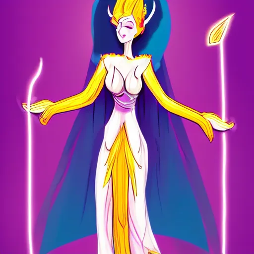 Image similar to mythical goddess from the 4th dimension wearing a comically long dress and robe, purple colors, character concept art, trending on artstation