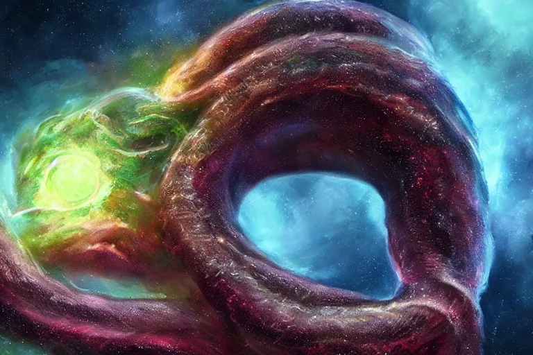 Image similar to a giant lovecraftian tentacle creature emerging from a space nebula, digital art, photorealistic, highly detailed, intricate