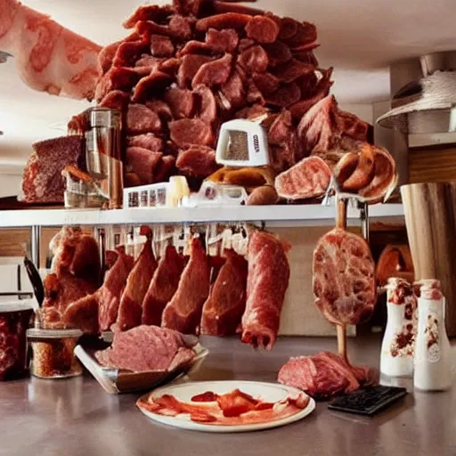 Image similar to an apartment made of meat and meat accessories, everything is meaty, edible living arrangements ( meat ). like it's all meat.