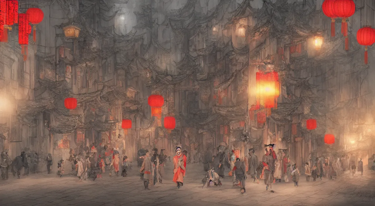 Image similar to on the night of the chinese new year's day, many chinese ghosts wander in the ancient chinese streets. the guiding line composition method, the tindal effect, the soft light, the cool color, by wu jinyuan, trending on artstation