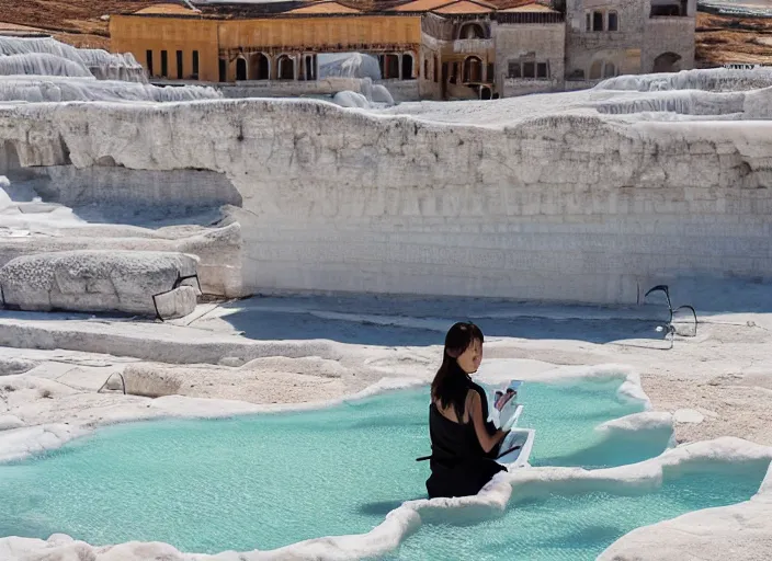 Image similar to Lee Jin-Eun hacking a laptop at Pamukkale by WLOP, rule of thirds, seductive look, beautiful, masterpiece, Refined