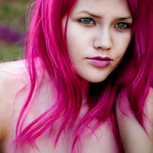 Image similar to a beautiful woman with pink hair and fair skin, portrait photograph, nikon 3 5 mm, photograph