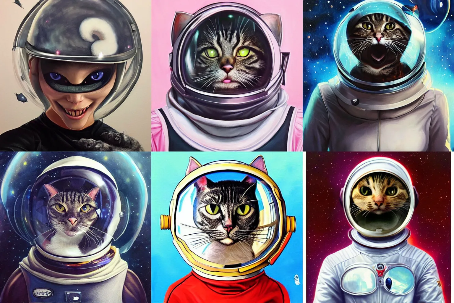 Prompt: a scary cat wearing a space helmet, painting by Artgerm