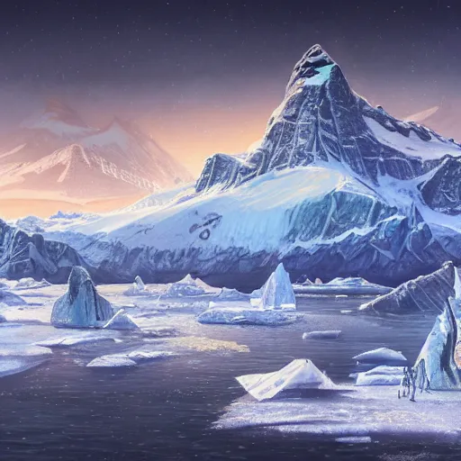 Image similar to idyllic masterpiece of glacial festivity in the skirts of star mountains in Antarctica, quarrel of mountain Monarch gods, cinematic, establishing shot, extremely high detail, photorealistic, cinematic lighting, intricate line drawings, 8k resolution