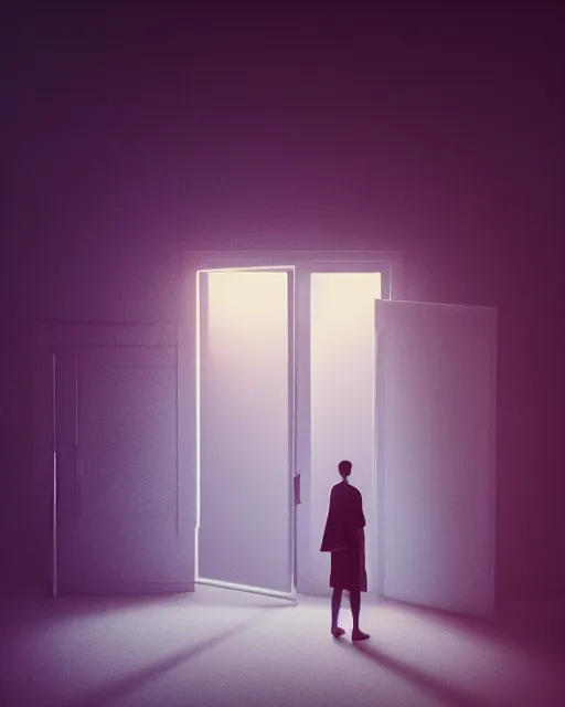 Image similar to a person standing in front of an open door, poster art by mike winkelmann, trending on cg society, space art, sci - fi, ue 5, futuristic, volumetric lighting