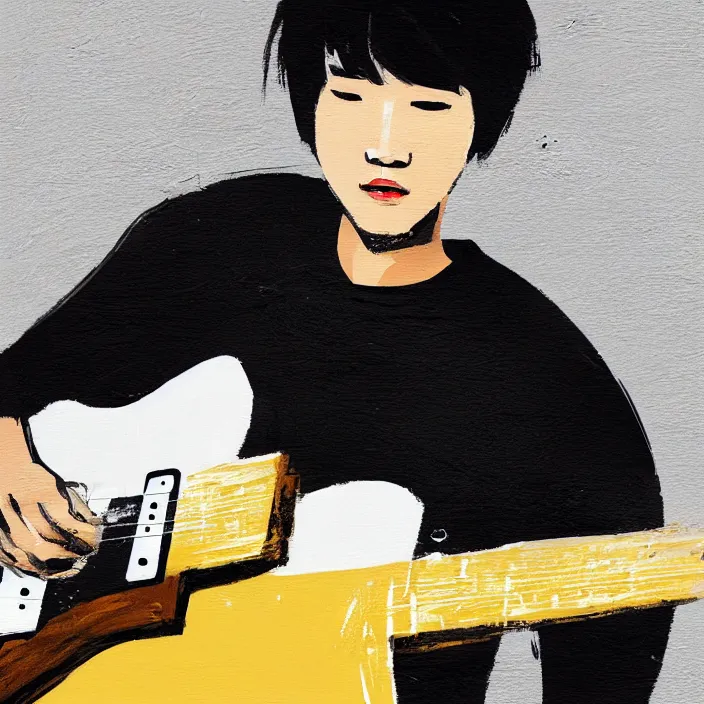 Prompt: minimal brush strokes painting of a young korean man wearing black t shirt holding a telecaster!!! electric guitar!!, dark background, huge dramatic brush strokes, matte colors, abstract, masterpiece, impressionist, trending on artstation