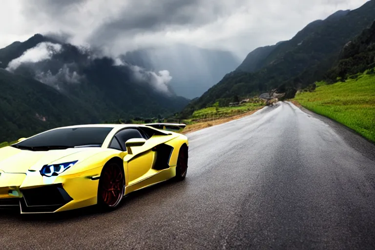 Prompt: a cinematic photograph of a lamborghini aventador driving through a vast mountainous landscape whilst lightening strikes on the mountains, rain falls, ultra realistic, high definition