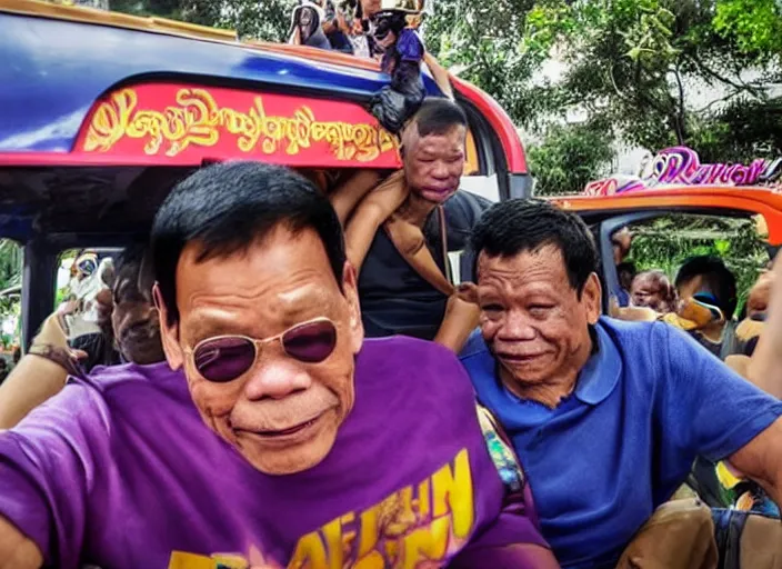 Image similar to rodrigo duterte and thanos riding a jeepney, real life photograph, award winning photograph, 4 k