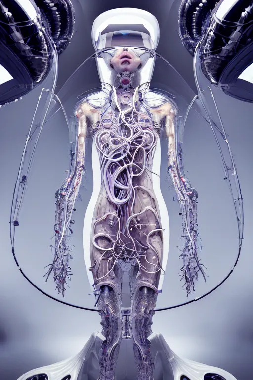 Image similar to background space station, baroque inflateble dress iris van herpen positing on floor, white helmet on face, perfect symmetrical, full body shot, inflateble shapes, wires, tubes, veins, jellyfish, white biomechanical details, wearing epic bionic implants, masterpiece, intricate, biopunk, vogue, highly detailed, artstation, concept art