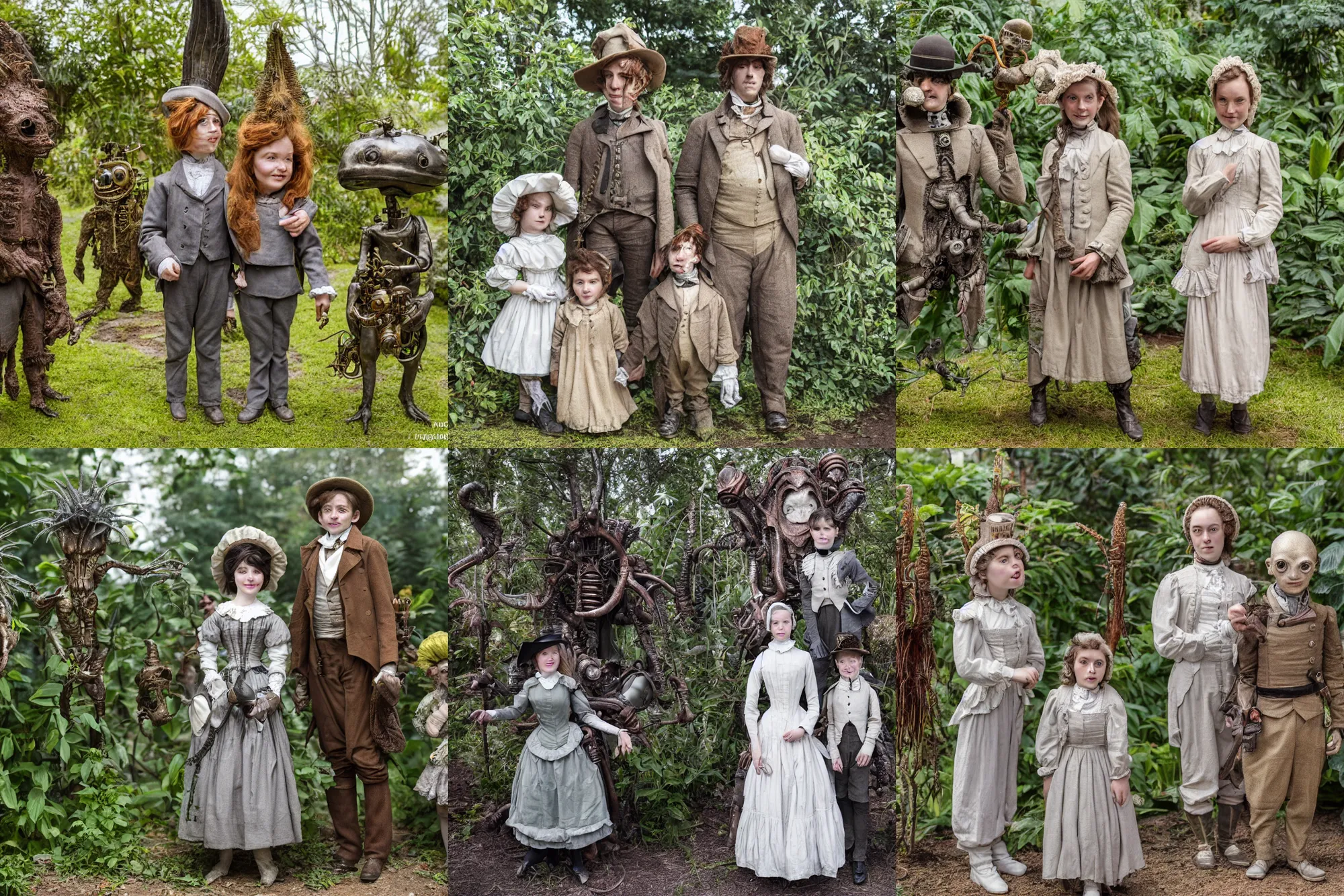 Prompt: detailed, sharp, a girl and a boy standing next to some strange alien plants, looking happy, wearing 1850s era clothes, their small pet alien creature is standing nearby, in a park on an alien planet, steampunk, extremely highly detailed, hyperrealistic, highly detailed faces, 70 mm still from a period sci fi movie, HD, 4k, cinematic