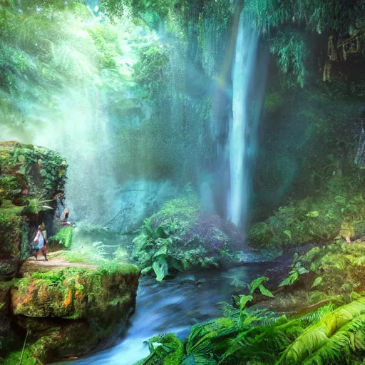 Image similar to an hidden waterfall, beautiful, atmosphere, vibe, mist, rainbow, wet, puddles, fern, flowers, concept art illustration, color page, tone mapping, akihiko yoshida, james jean, andrei riabovitchev, marc simonetti, digital illustration, greg rutowski, volumetric lighting, sunbeams, particles