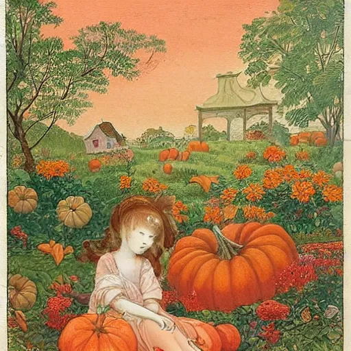 Image similar to blood orange, pumpkin orange by lorenz hideyoshi. a whimsical garden scene. in the drawing, a young girl can be seen playing among the flowers & trees, while a fairy watches over her.