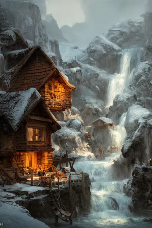 Image similar to mountain village with wooden viking houses on top of a waterfall in the snow, blizzard, a small stream runs beneath the waterfall, landscape, raphael lacoste, eddie mendoza, alex ross, concept art, matte painting, highly detailed, rule of thirds, dynamic lighting, cinematic, detailed, denoised, centerd