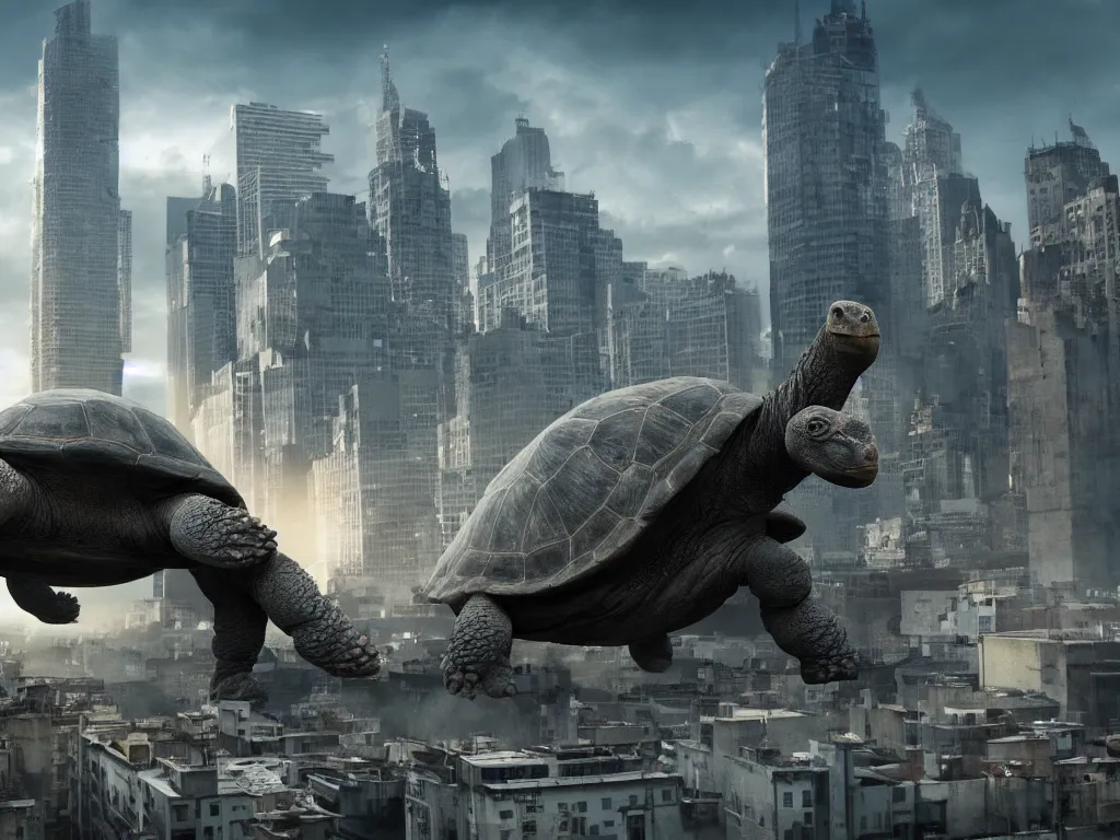 Image similar to Giant Tortoise Kaiju towering over a city as people run away, photo realistic, movie still, 4k, 8k, action film