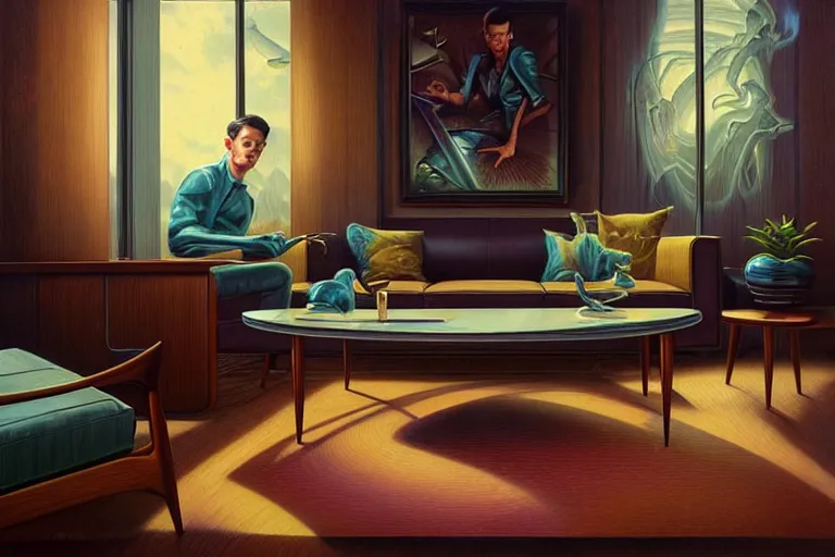 Image similar to detailed coffee table in the vaporwave mid century modern livingroom. highly detailed, digital painting, artstation, concept art, smooth, sharp focus, illustration, artgerm, tomasz alen kopera, peter mohrbacher, donato giancola, joseph christian leyendecker, wlop, boris vallejo