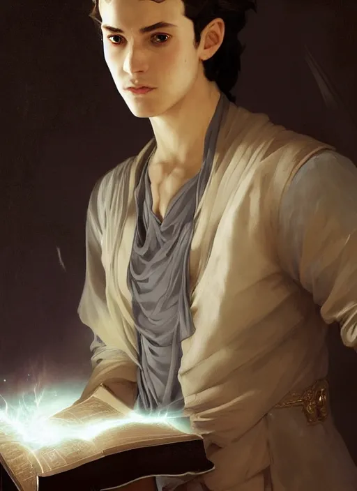 Image similar to character concept portrait of an attractive young princely Spanish wizard with golden skin enchanting a mutilating curse, a floating iridescent spell book in the center, intricate, elegant, digital painting, concept art, smooth, sharp focus, illustration, from Metal Gear, by Ruan Jia and Mandy Jurgens and William-Adolphe Bouguereau, Artgerm