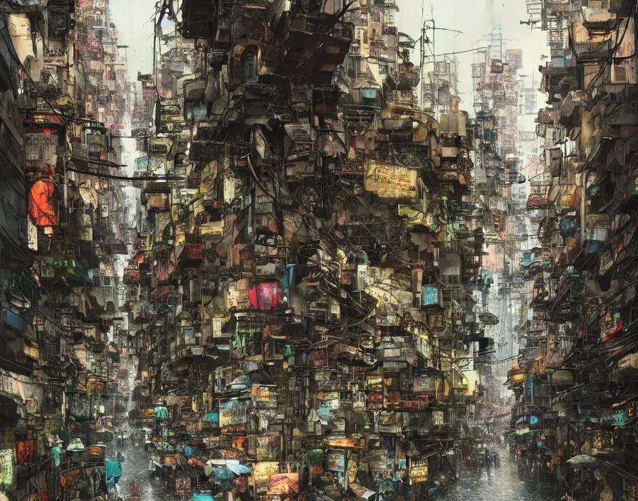 Prompt: street in kowloon slum, dark alien city with organic mushrooms in the corners, perspective stretching upwards, temples, huge alien buildings, a dark, poisonous, alien biosphere, bridges, puddles on ground, scifi, science fiction spacecraft, jagged blocks of stone, multicoloured, john berkey, daniel dociu, jeremy mann, castle artstation trending