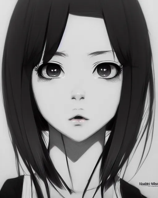 Prompt: portrait of cute girl, illustration concept art, anime, manga, pencil sketch, black and white trending pixiv fanbox, art by ilya kuvshinov