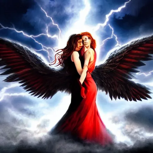 Image similar to Two women: one white winged angel and one red tailed devil. Angel battling devil flying kissing. Scene airborne in the clouds. Background lightning and explosions and black smoke. Detailed, hyper realistic, epic, Backlit