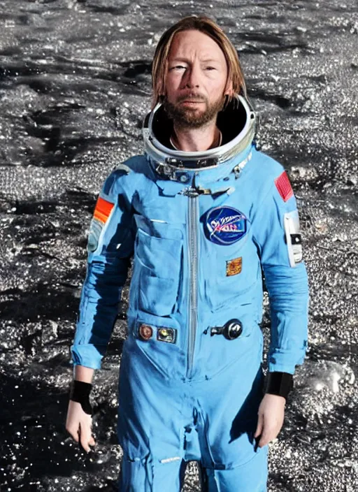 Prompt: calm thom yorke singer songwriter frontman, in spacesuit filling up with water, ultrafine detail, hyper realistic face, beautiful blue eyes, black spherical pupils, eyes reflecting into eyes reflecting into infinity, eyes reflecting into eyes reflecting into infinity