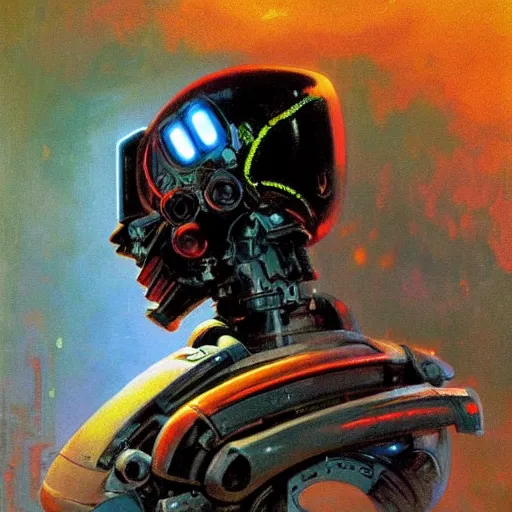 Image similar to a dark and colorful close - up side profile portrait of a sci - fi mecha robot with led lights glowing fog in the background. highly detailed science fiction painting by norman rockwell, frank frazetta, and syd mead. rich colors, high contrast, gloomy atmosphere, dark background. trending on artstation