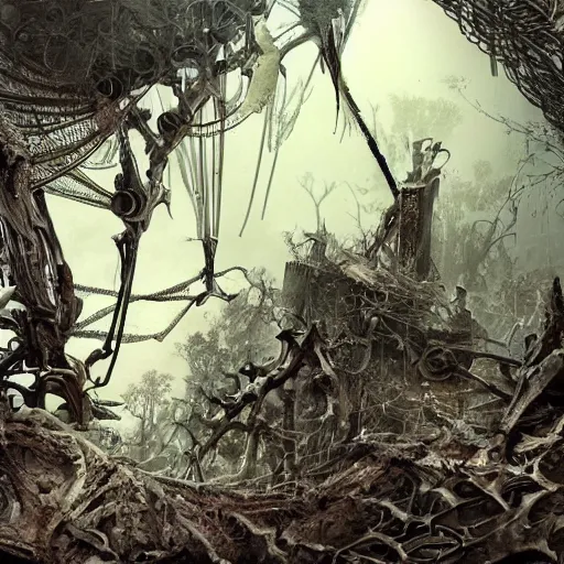 Prompt: exotic forest of bones and spiderwebs, post apocalyptic, hyper detailed