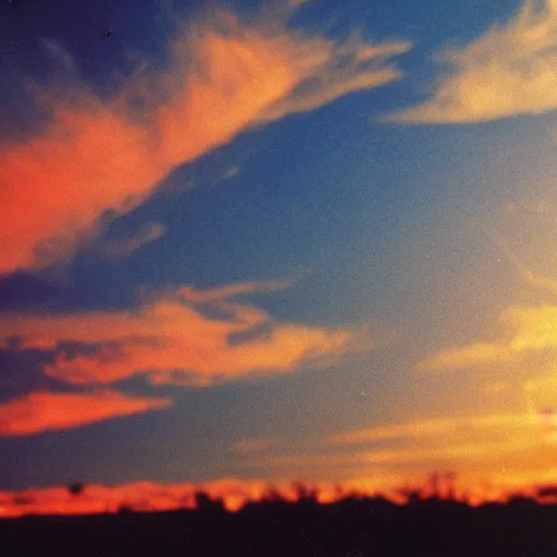 Prompt: photograph of the sky, vhs, sunset, clouds, 1 9 7 9, vhs artifacts, details, static