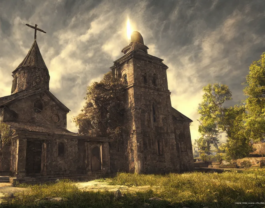 Prompt: old cristian church with abstract energy ball, realistic, beautiful texture, beautiful graphics, fantasy artwork, very beautiful scenery, hd, hdr, ue 5, ue 6, unreal engine 5, cinematic 4 k wallpaper, 8 k, ultra detailed