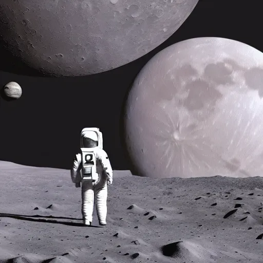 Image similar to two astronaut kids on the surface of the moon with a biosphere in the distance, stalenhag, sci-fi, render, VRay, octane, beige and white color scheme, 8K