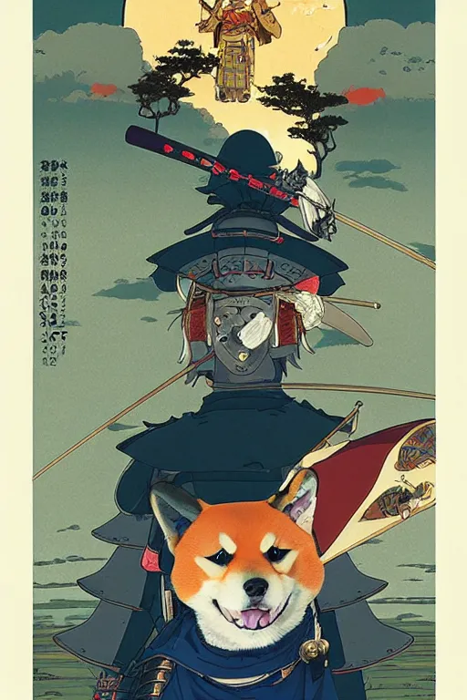 Image similar to poster of a shiba inu as a samurai, studio ghibli aesthetic, by yoichi hatakenaka, masamune shirow, josan gonzales and dan mumford, ayami kojima, takato yamamoto, barclay shaw, karol bak, yukito kishiro