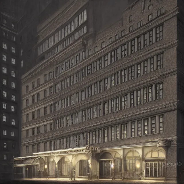 Image similar to photorealistic painting of a 1 9 2 0 s gothic style hotel in downtown boston, overlooking a dark street, architectural, atmospheric lighting, brooding, painted, intricate, ultra detailed, well composed, best on artstation, cgsociety, epic, horror, stunning, gorgeous, intricate detail, much wow, masterpiece, cinematic aesthetic octane render, 8 k hd resolution,