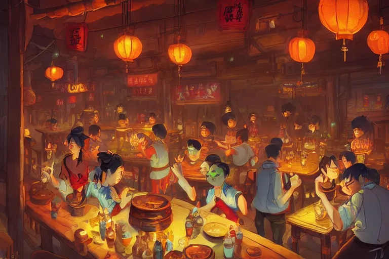 Image similar to fantasy art of a bustling tavern in china, at night, by cory loftis, highly detailed digital art, trending on artstation