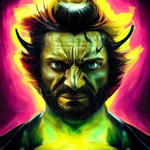 Prompt: wolverine starring into the camera, fixed eyes, flowing black coat with glowing neon yellow, colorful, surreal, dramatic lighting, face, detailed, intricate, elegant, highly detailed, digital painting, artstation, chalk, concept art, smooth, sharp focus, illustration, art by sam spratt, dan mumford, artem demura and alphonse mucha
