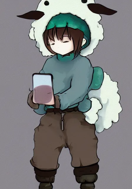 Image similar to little boy wearing sheep suit using a smartphone, gray, blue, green and brown pallet color. made in abyss art style, inspired in kris from deltarrune, cute detailed artwork, anatomically correct, clean details