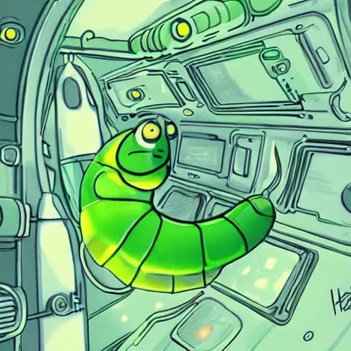 Image similar to a cute green caterpillar spinning a chrysalis inside a space station, sci-fi illustration