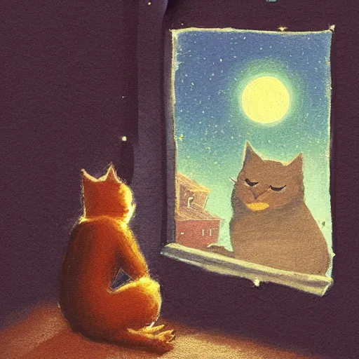 Image similar to A boy with his cat sitting in a window praying at the moon, concept art by Marc Simonetti and illustration by Maurice Sendak, Starry Night, depth of field, full moon halo, epic brushwork, painterly, cobbled streets, oil lamp posts, A boy with his cat sitting in a window praying at the moon, A boy with his cat sitting in a window praying at the moon