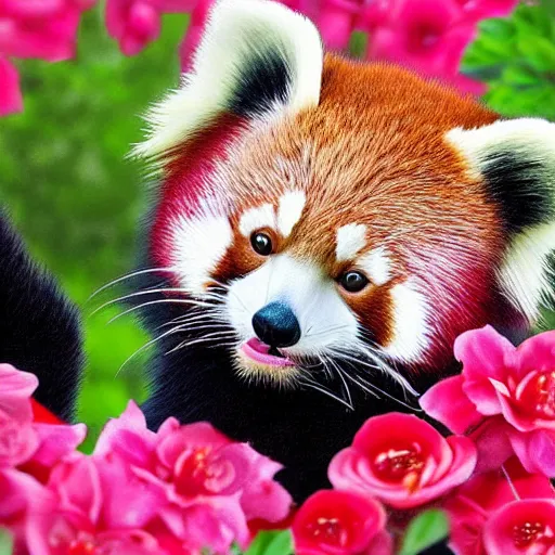 Prompt: cute red panda and pink flowers, digital art, hyperrealistic, warm lighting, lovely