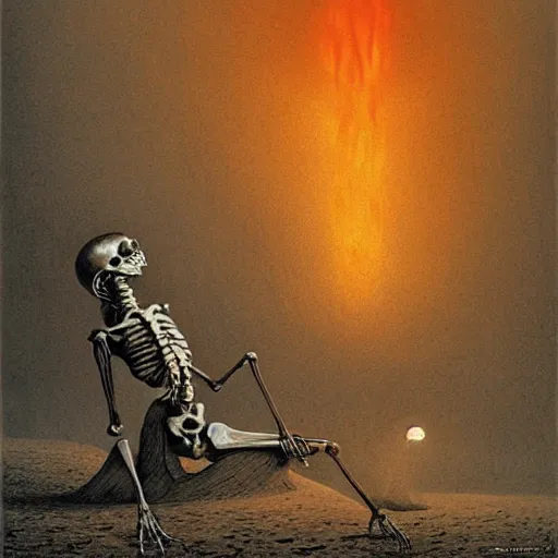 Image similar to grayscale art of skeletons on fire by Zdzislaw Beksinski